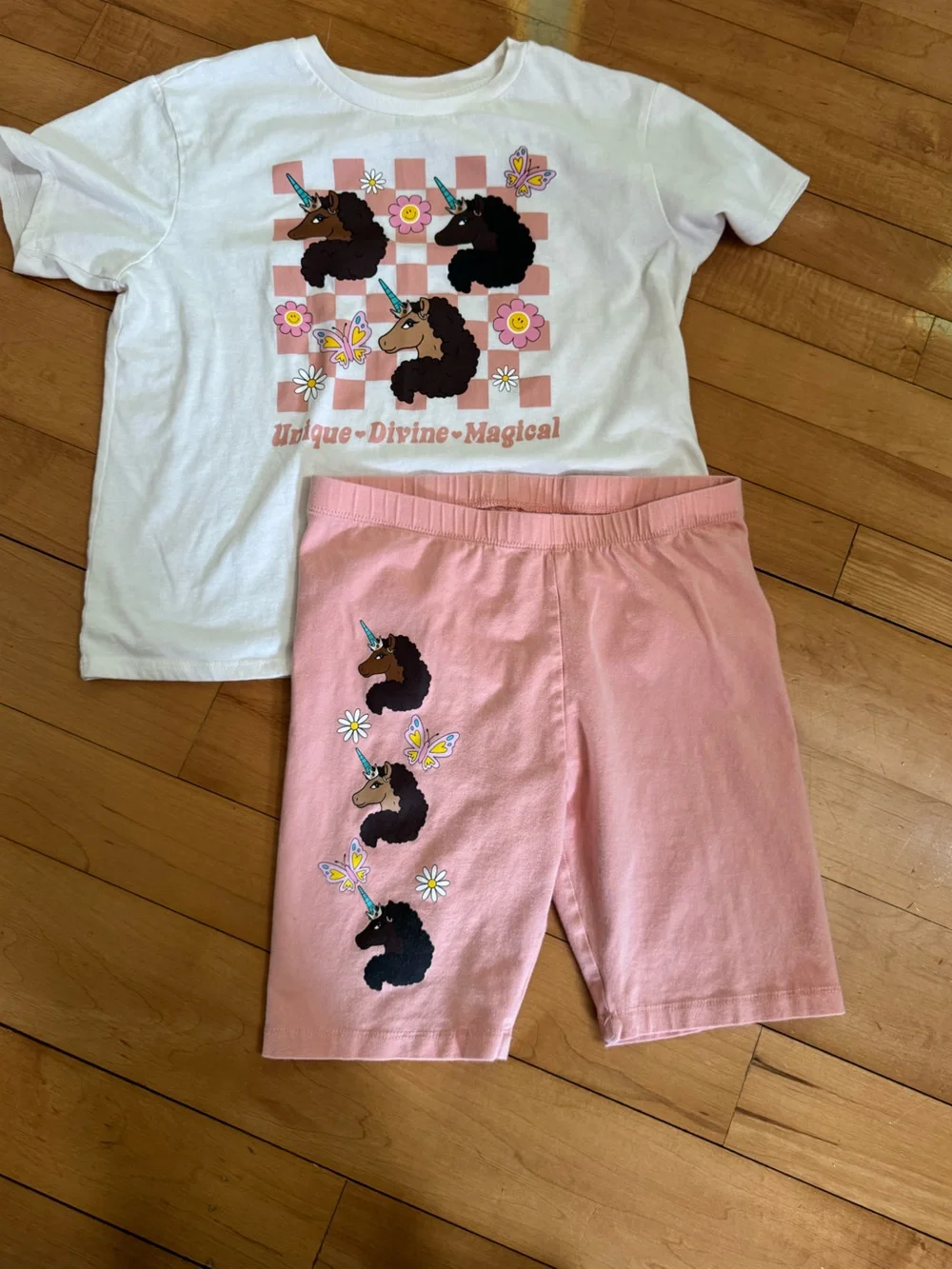 4/$12 Kids Unicorn Matching Set - White Top & Pink Shorts